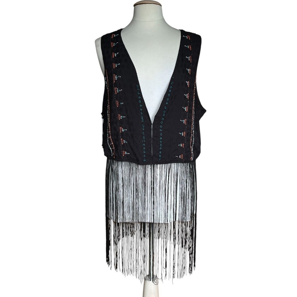 IDYLLWIND Womens Black Fringe‎ Bead Boho Vest Size XXL Western Hippie Festival